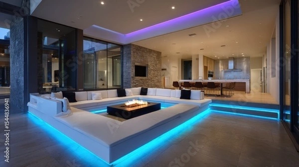Fototapeta Sleek modern sofa with accent lighting and practical furniture for a functional living room