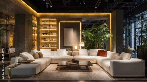 Fototapeta Sleek modern sofa with accent lighting and practical furniture for a functional living room