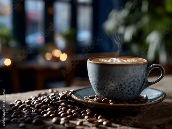 Obraz Steaming latte art atop coffee beans