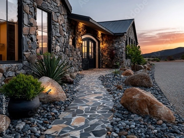 Obraz Stone house entryway path at sunset