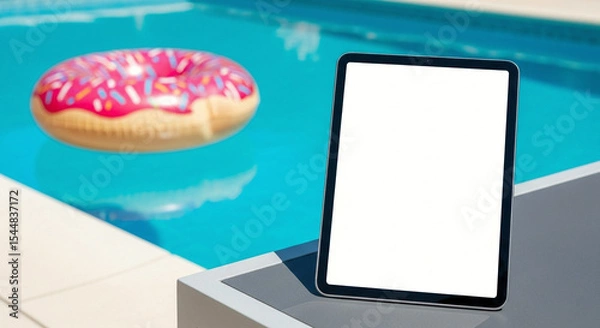 Obraz White Tablet Mockup Stylish Outdoor Lounge Sparkling Blue Pool Inflatable Donut Float Custom Screen Leisure Summer Relaxation Modern Tech Device Branding Clean Minimal Scene
