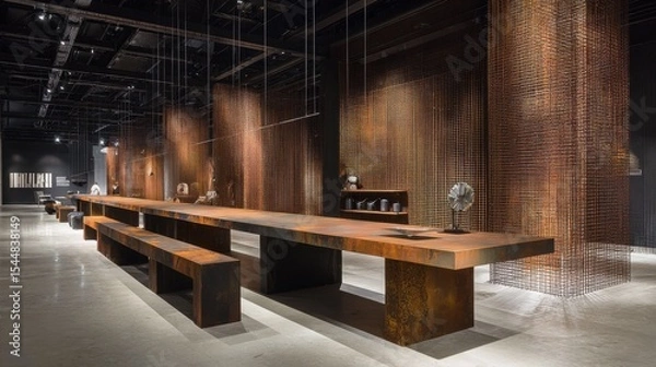 Fototapeta Table setup with clean, cold-rolled steel surface and structurally reinforced metal base