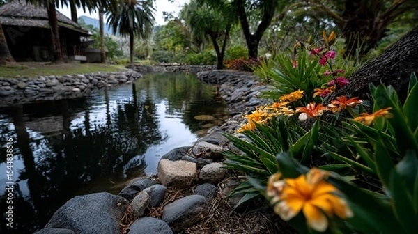 Obraz Tranquil garden pond reflected trees vibrant blooms