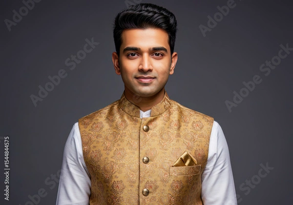 Obraz Confident Indian Man in Elegant Golden Waistcoat Studio Portrait