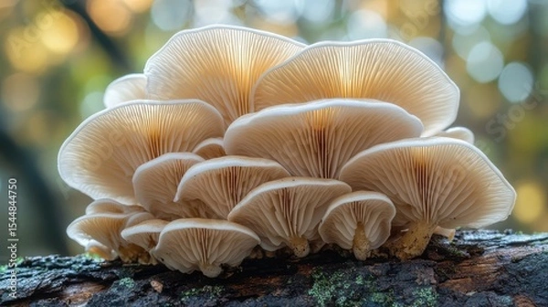 Fototapeta Close-up of oyster mushrooms growing on a weathered log, capturing the intricate details of fungi in the wild. -