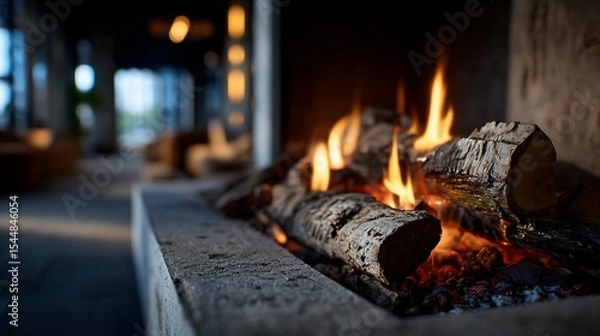 Obraz Warm fire crackling in stone fireplace