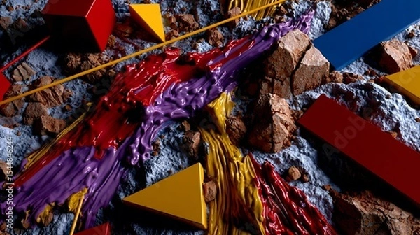 Obraz Vibrant paint cascade over rugged geometric landscape