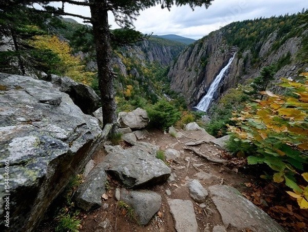 Obraz Waterfall descends into cliffside autumn valley