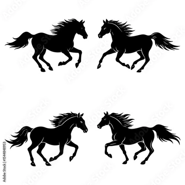 Fototapeta Four black horse silhouettes in dynamic poses galloping on a white background in a vector image