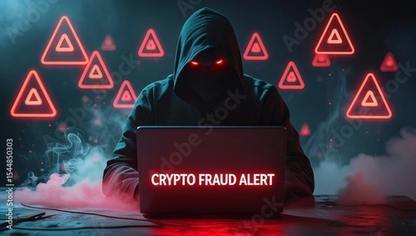 Fototapeta Dark hooded figure with glowing red eyes typing on a laptop, emphasizing a 'Crypto Fraud Alert' amid a moody background.