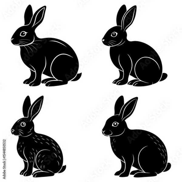 Obraz Four black rabbits in various poses against a white background in a simple vector style illustration