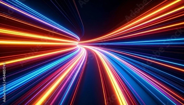 Fototapeta The image showcases a mesmerizing tunnel of vibrant, dynamic light streaks in hues of blue, orange, and red, speeding towards a vanishing point, creating a futuristic