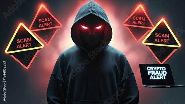 Fototapeta Mysterious figure in a dark hoodie warning about crypto scams, with glowing alerts in a dramatic, tech-inspired atmosphere.