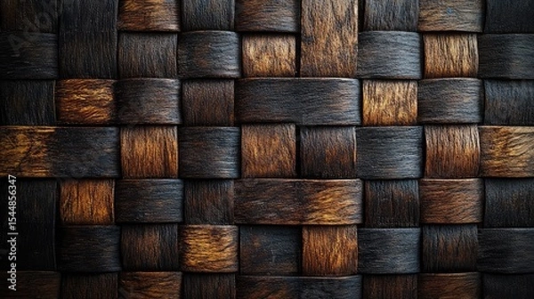Fototapeta Close-Up of Woven Wooden Texture with Brown and Golden Rustic Patterns, Representing Craftsmanship and Design