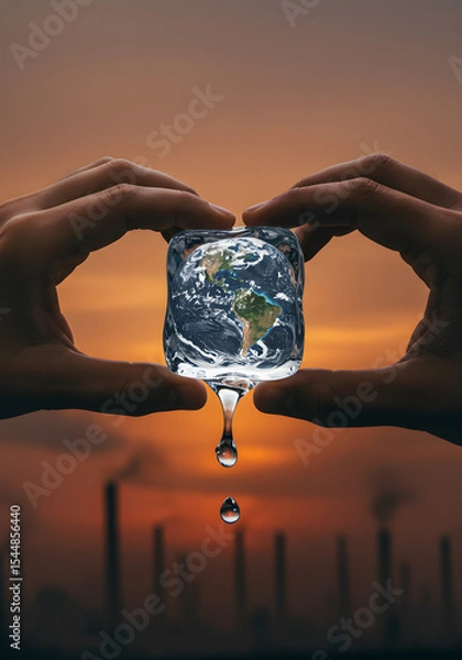 Fototapeta Fragile Earth: Hands Holding Melting Ice Globe - Climate Change Concept