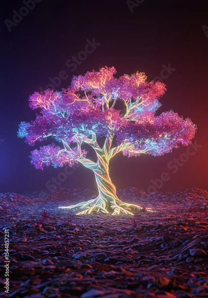 Fototapeta Neon Wire Tree Glowing Digital Artwork of a Twisted, Illuminated Tree