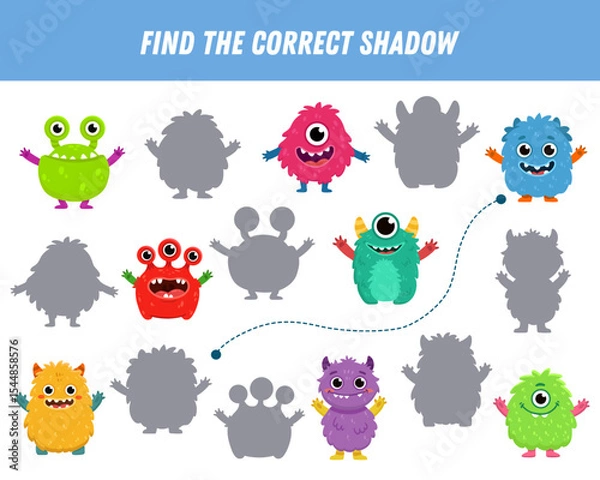 Fototapeta Find correct shadow of cute monsters. Educational logical game for kids. Halloween game. Cartoon monsters. Vector
