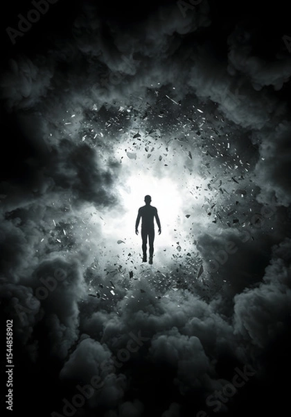 Fototapeta Silhouette of a Person Walking Towards a Bright Light in a Dark, Cloudy Sky