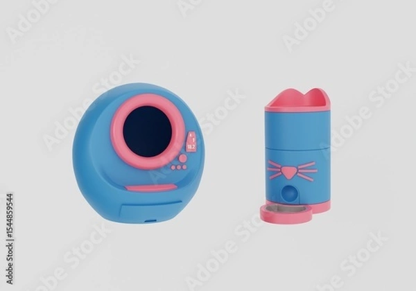 Fototapeta 3D icon set of automatic cat care products. Smart litter tray, automatic cat feeder. 3D rendering.