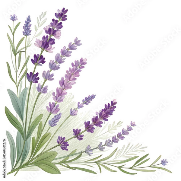Fototapeta A delicate watercolor illustration of lavender flowers arranged in a corner is isolated on transparent background, ideal for adding a touch of elegance to your designs