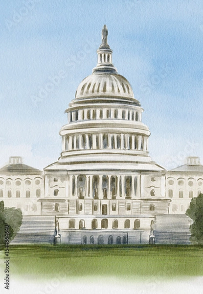 Obraz Capitol in Washington D.C. Watercolor illustration. Sketch. Hand drawing. Children's drawing. Building in the USA. Postcard or banner. Souvenir for tourists.