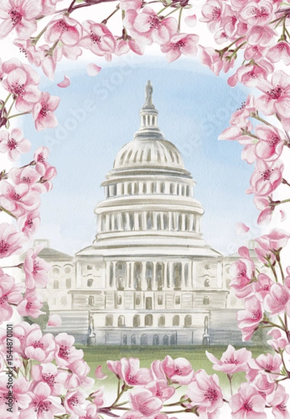 Obraz Capitol in Washington, D.C. National Cherry Blossom Festival. Frame with pink flowers. Watercolor illustration, hand drawing. Sketch. Template for a postcard or souvenir.