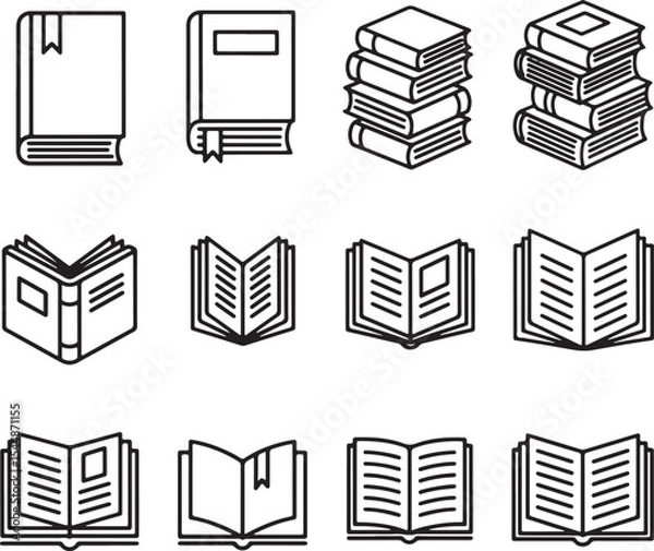 Fototapeta Collection of Black and White Book Icons Single Closed Books Stacked Books Open Books Reading Books Library Literature Education Symbols