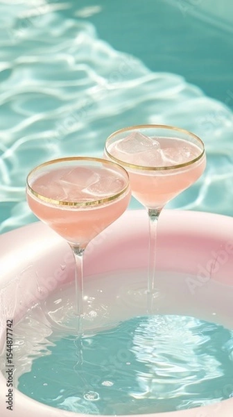 Fototapeta Two pink cocktails in coupe glasses with a gold rim, floating on an inflatable pastel swim ring in a pool with light blue water.