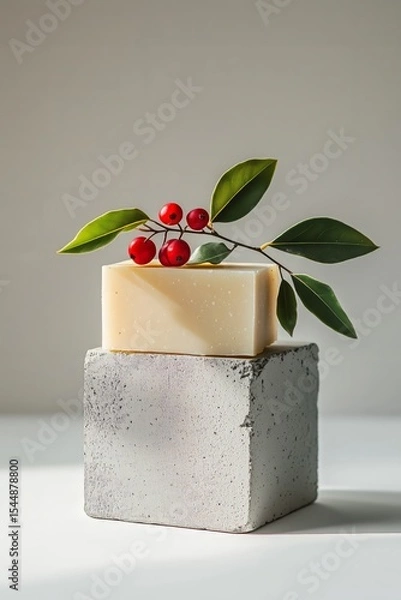 Fototapeta A bar of soap with green leaves and red berries on top, sitting atop two concrete blocks against a gray background. 