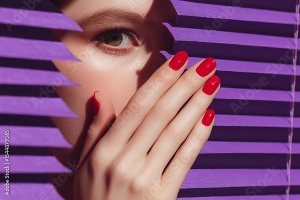Fototapeta A close up of woman's hand with red nails, holding on to purple blinds. The woman is peeking through the window.