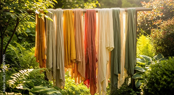 Fototapeta Bundles of natural fabric dyed in soft earthy tones hanging to dry on wooden rack surrounded by plants and sunlight