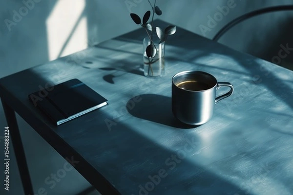 Fototapeta A minimalist metallic blue desk with an metallic blue closed laptop and metallic notebook.