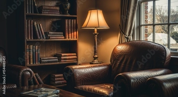 Fototapeta A modern library corner with a sofa and glowing lamp 