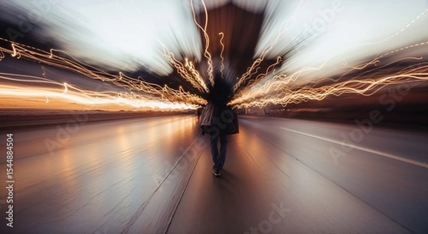 Fototapeta Blurred silhouette walking through a city street at night, with zoom burst light trails creating a sense of motion and speed — dynamic, cinematic, and abstract.










