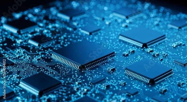 Fototapeta A beautiful texture design of circuit board in blue color with reflection of light 