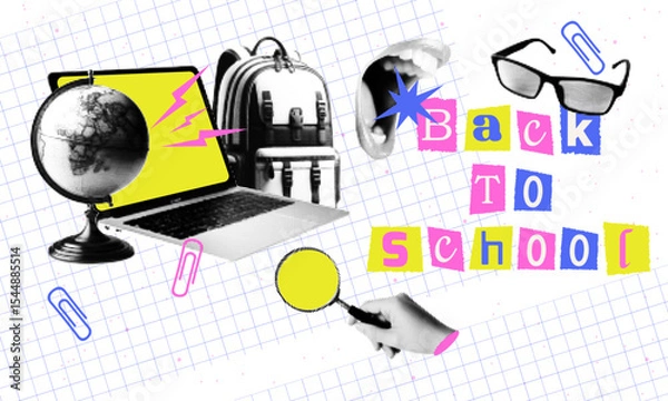 Obraz Halftone collage on the theme of back to school. Globe and laptop, hand with magnifying glass, mouth, letters made of cut-out paper. Concept of learning, knowledge.