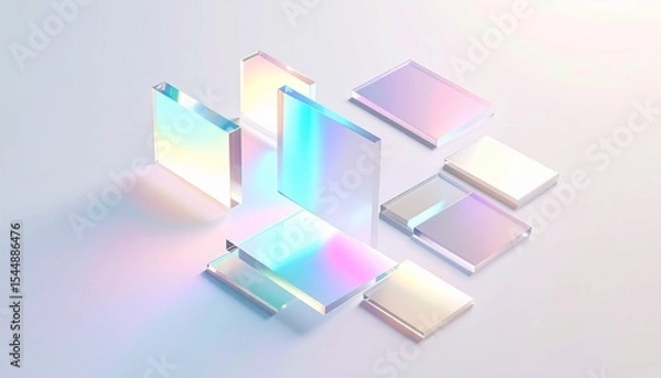 Fototapeta Floating geometric panels layered in translucent iridescent film, glowing with pastel hues against a soft neutral backdrop