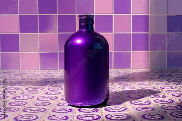 Fototapeta A purple bottle of soap on it , tiles a purple background, and purple circles on a white tile floor.