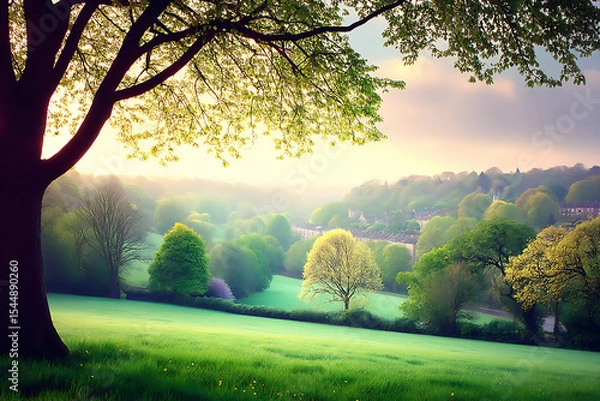Fototapeta relaxing summer background with a soft, hazy view of rolling hills under a warm, golden summer sun.