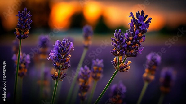 Fototapeta serene summer background with a soft, hazy view of a lavender field under a warm, golden sunset.