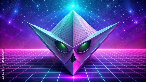 Fototapeta A futuristic, glowing geometric owl-like structure is set against a retro neon grid and starry cosmos, creating a captivating and surreal scene, evoking a sense of