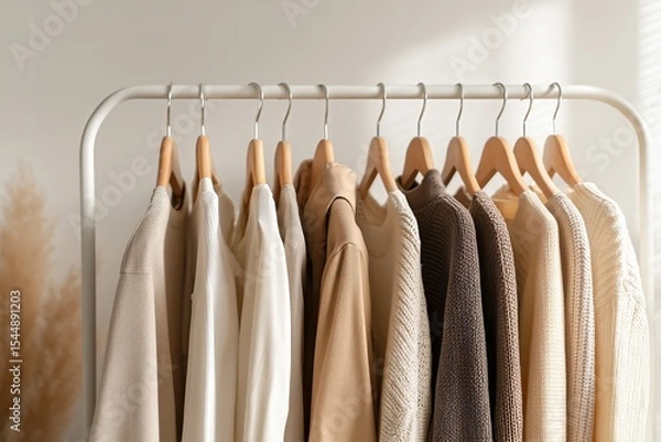 Obraz Capsule wardrobe rack with neutral clothes.