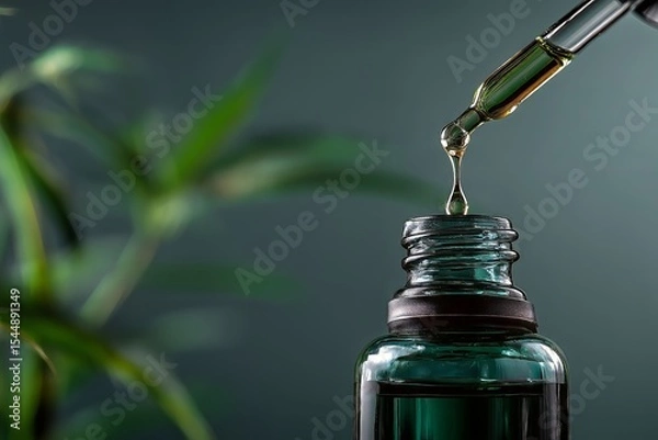 Fototapeta Close-up of a dropper with oil dripping into a dark green glass bottle, against a grey background with a plant in the background. 