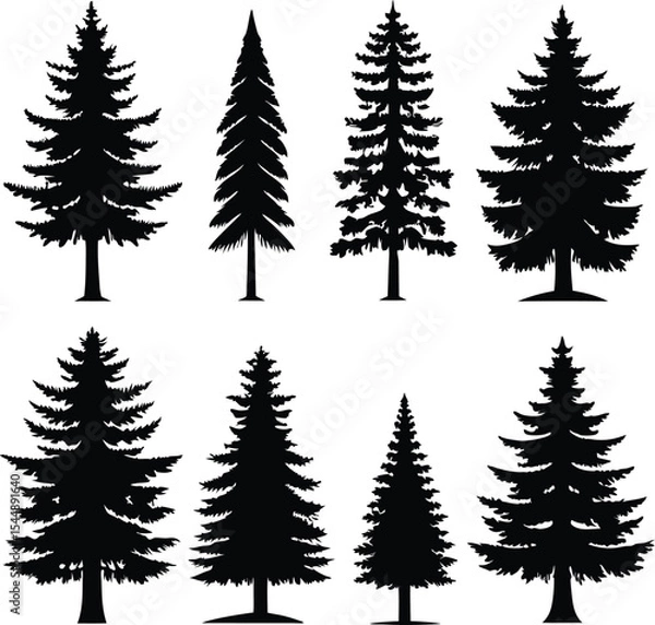 Fototapeta Silhouette of Evergreen Trees Set on White Background,Pine fir tree tall tree isolated premium vector image, black and white tree silhouettes,coniferous trees, pine trees,fir trees silhouettes set,Ai