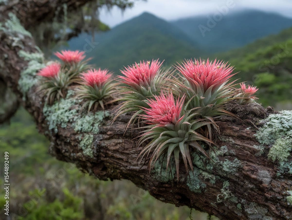 Fototapeta colorful jungle flowers (e.g., orchids, bromeliads) growing on tree trunks and branches