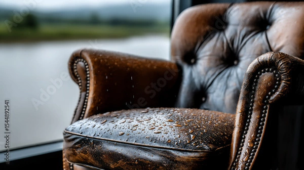Fototapeta warm, cozy scene of rain falling outside a window