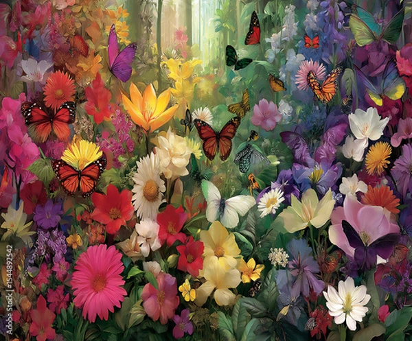 Fototapeta colorful jungle insects (e.g., butterflies, beetles) on vibrant flowers