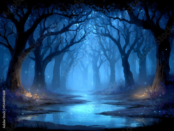 Fototapeta mysterious jungle swamp with still, murky water, tangled roots, and mist hanging in the air