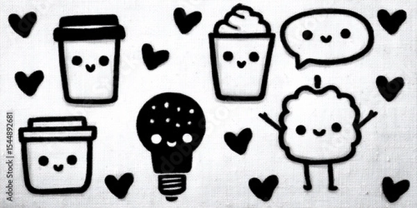 Fototapeta seamless pattern of hand-drawn whimsical doodles of everyday objects (e.g., coffee cups