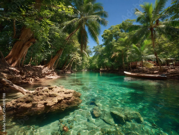 Fototapeta serene jungle lake with crystal-clear water reflecting the surrounding tall trees and blue sky patch